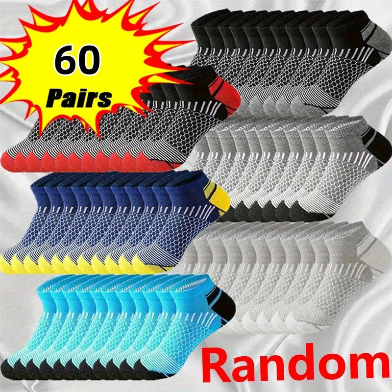 60-Pair Breathable Men's Athletic Ankle Socks - Moisture-Wicking Low Cut Sport Socks, Non-Slip Solid Color, Polyester Knit Fabric, Hand Washable - Multiseason Bundle Pack