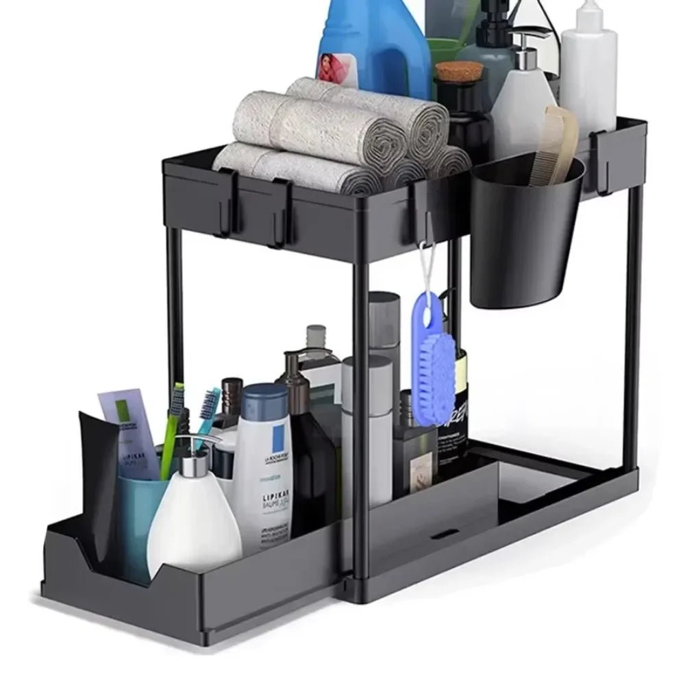 2 Tier Under Sink Organizer Sliding Cabinet Basket Organizer Storage Rack with Hooks Hanging Cup Bathroom Kitchen Organizer - Connor & Co