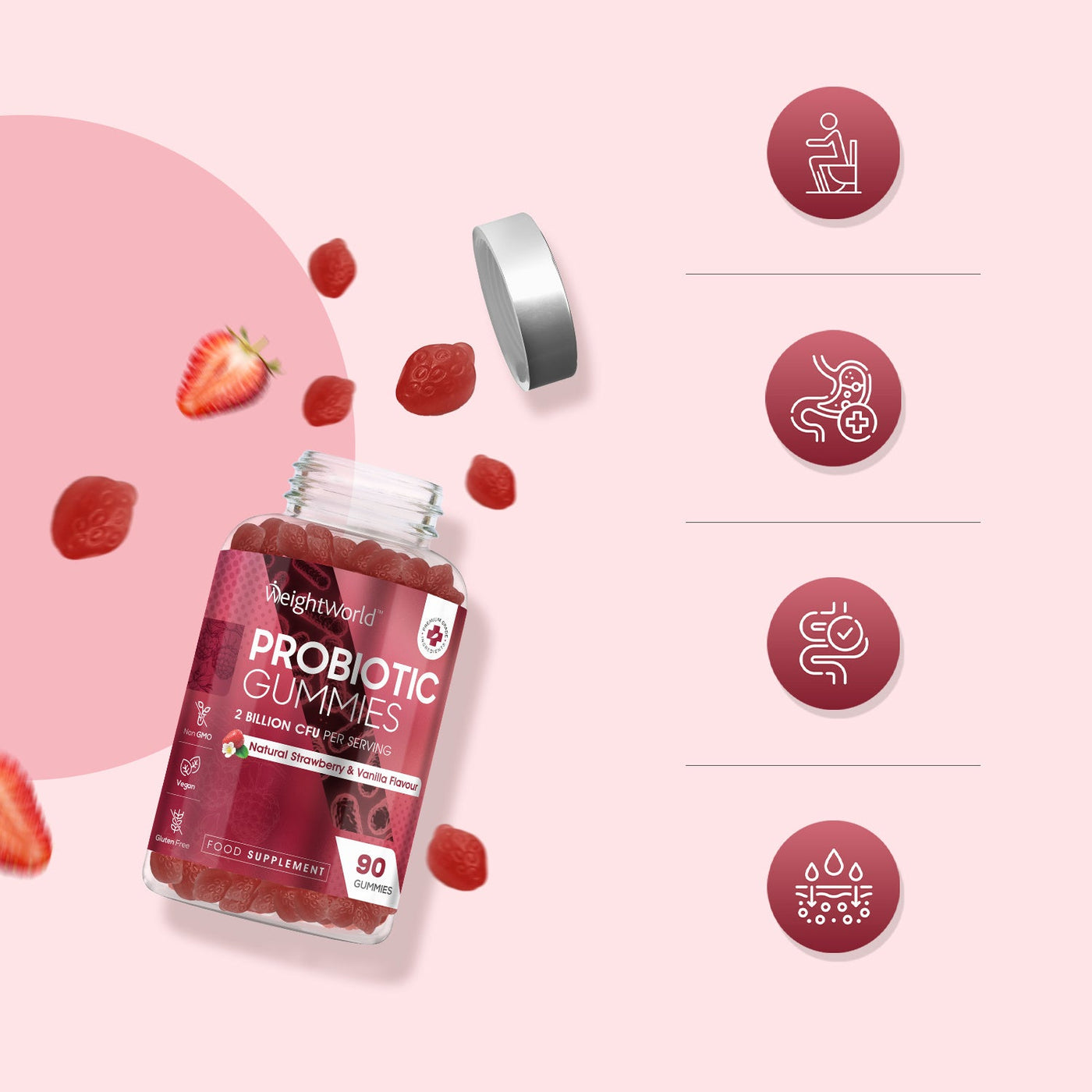 WeightWorld Vegan Probiotic Gummies with Prebiotic - 45 Days Supply (90 Gummies) - Natural Strawberry & Vanilla Flavour - Spore-Forming Bacillus Coagulans Strain & Prebiotic Fibre Inulin - For Men & Women