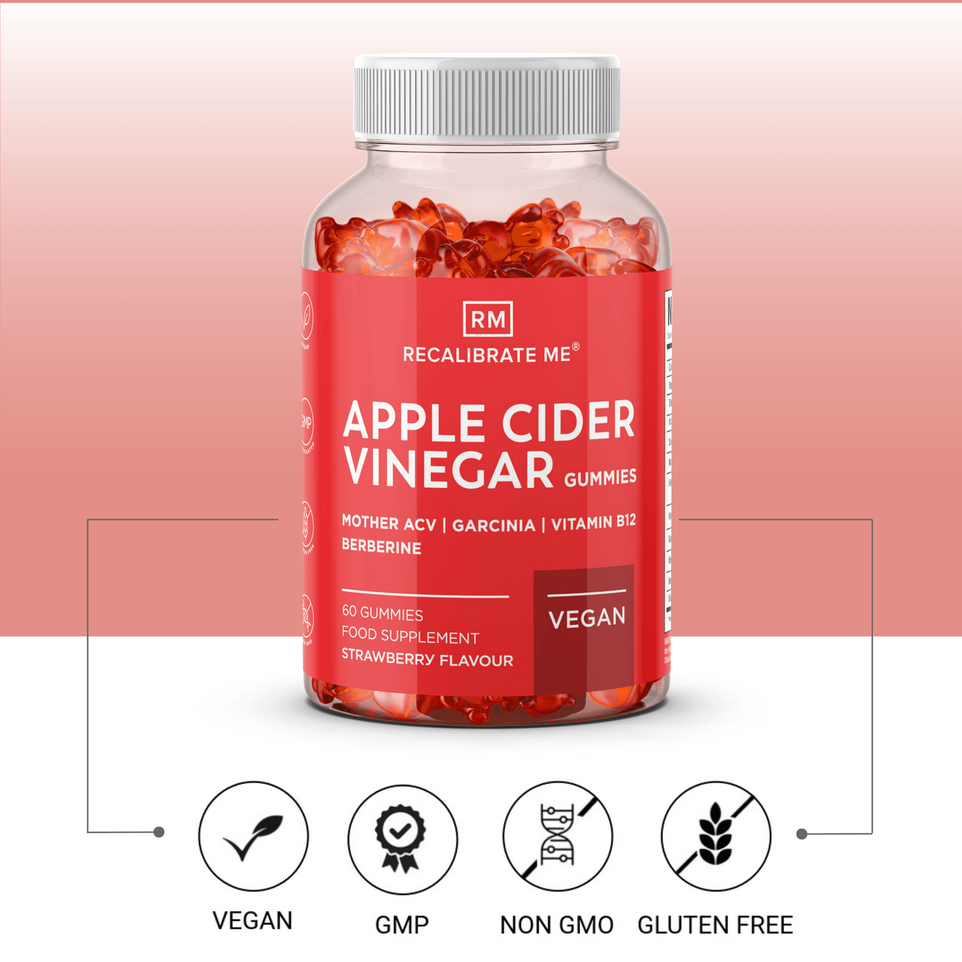 x2 Pack Keto Apple Cider Vinegar Gummies (Strawberry Flavour) with Berberine, Ginger, Garcinia, Vitamin B12, Beet Juice, Folate, 1000mg ACV with the Mother - ACV shot, ginger shot, sugar-free gummy - digestive health - keto s