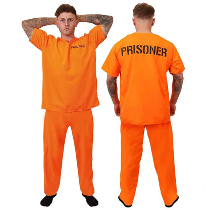 Mens Prisoners Convict Costume - Orange Prisoner Top, Matching Orange Trousers – Cops & Robbers Halloween Fancy Dress