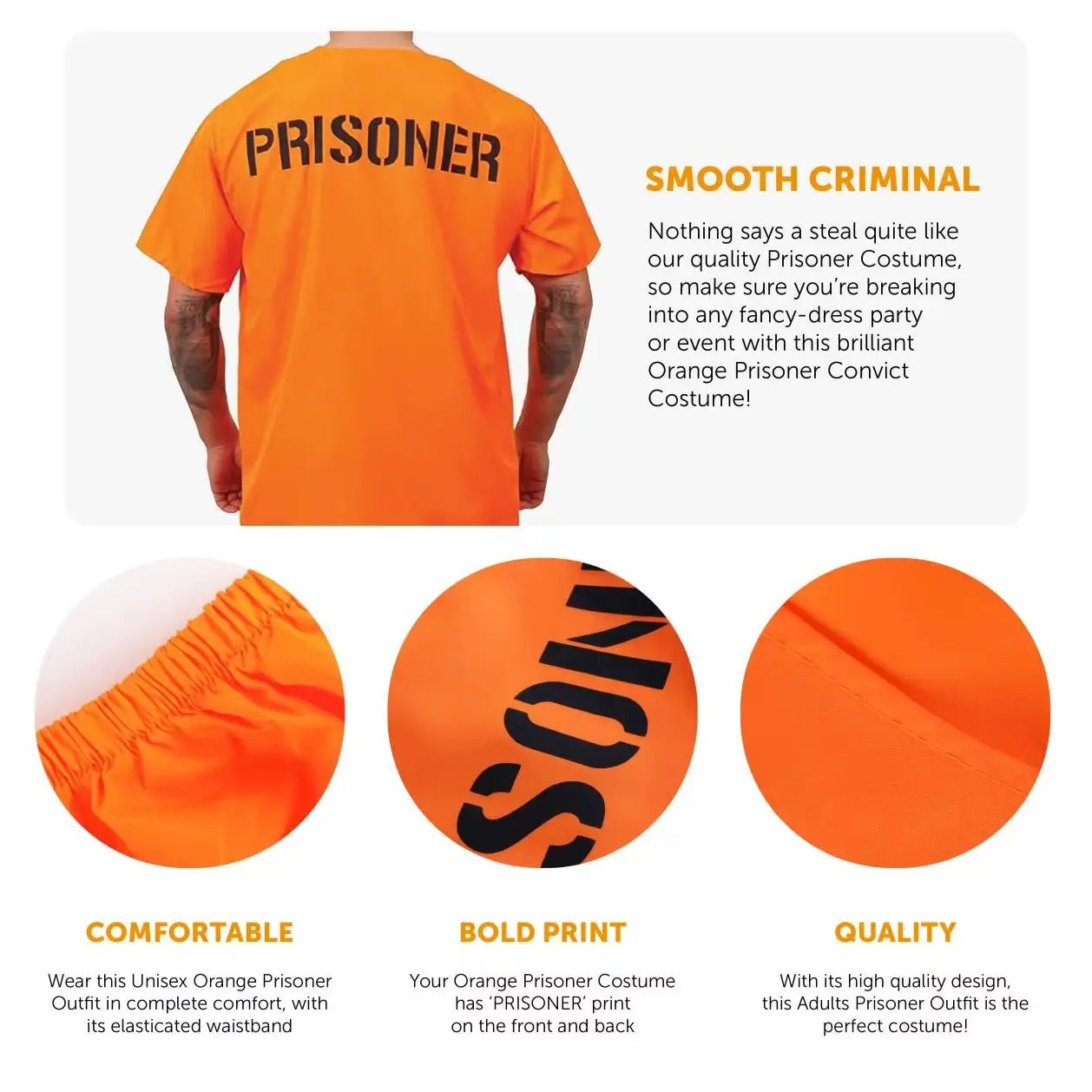 Mens Prisoners Convict Costume - Orange Prisoner Top, Matching Orange Trousers – Cops & Robbers Halloween Fancy Dress