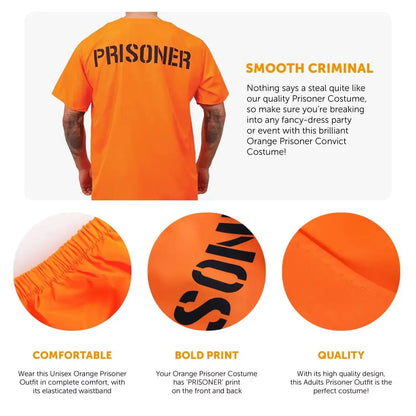 Mens Prisoners Convict Costume - Orange Prisoner Top, Matching Orange Trousers – Cops & Robbers Halloween Fancy Dress