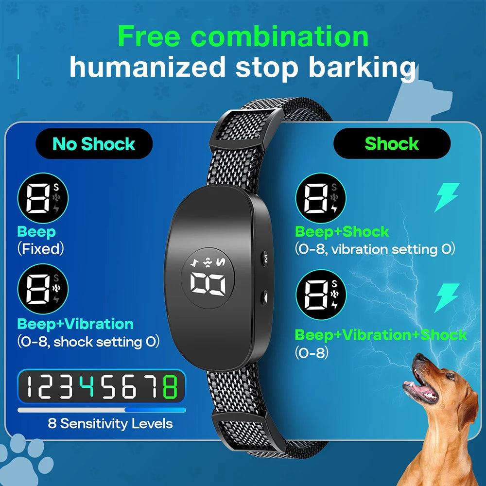 2025New Dog Bark Collar Anti Barking IP67 8 Levels 4 Modes Beep Vibration Eelectric Shock Dog Training Collar for All Sizes Dogs
