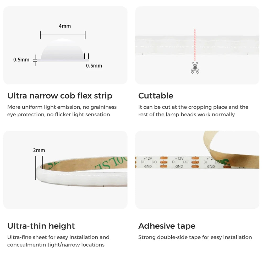 WS2812B COB LED Strip - 3mm/5mm Individually Addressable - 240LEDs/m High Density - DC5V/12V RGB Pixel Strip