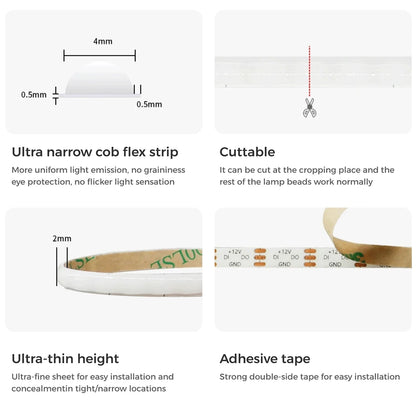 WS2812B COB LED Strip - 3mm/5mm Individually Addressable - 240LEDs/m High Density - DC5V/12V RGB Pixel Strip