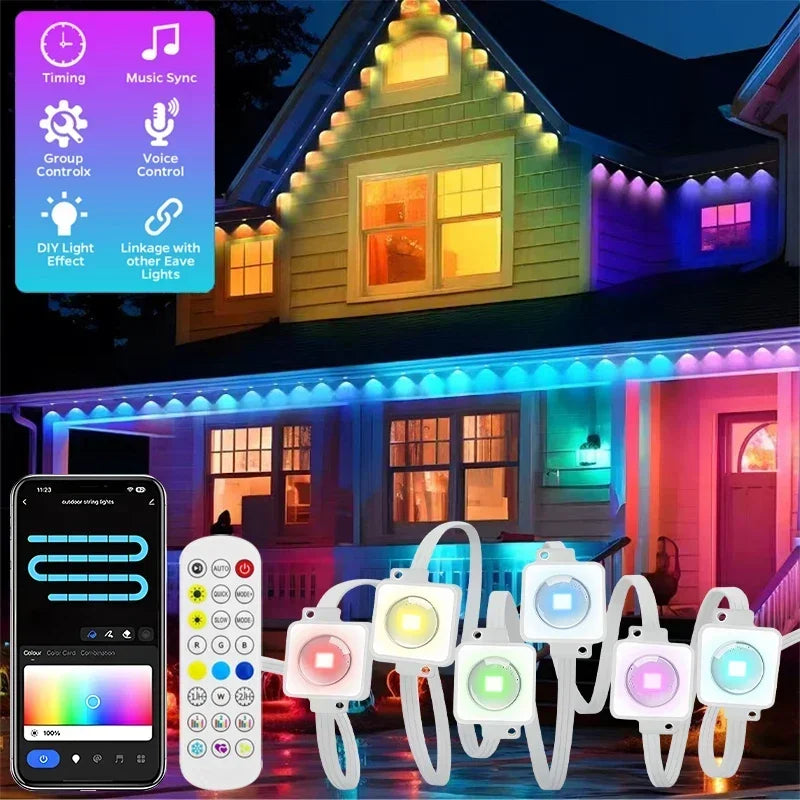 100FT Permanent Outdoor Eaves LED Lights - 60 RGB LEDs - Waterproof String Lights - DIY Programmable Holiday Lighting