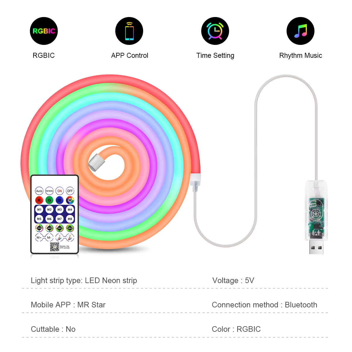 USB 5V WS2812 RGBIC Neon LED Strip - Bluetooth App Control - Dreamcolor Music Sync for Party Lighting