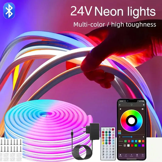 DC24V RGB LED Neon Rope Light - Music Sync App Control Waterproof Flexible Strip (10M/20M/30M, Color Changing)
