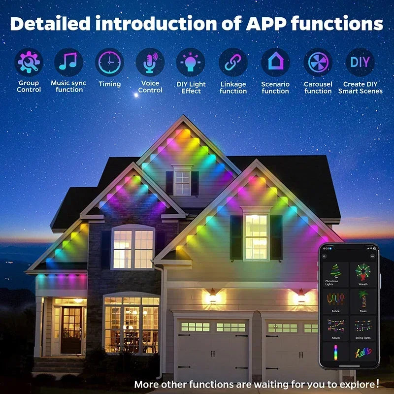 100FT Permanent Outdoor Eaves LED Lights - 60 RGB LEDs - Waterproof String Lights - DIY Programmable Holiday Lighting