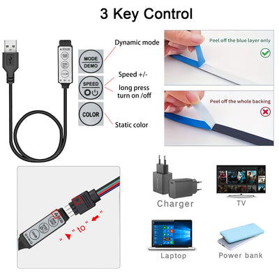 Led Lights for TV 3 Key Control Led Strip USB 5V Tape Lights for TV Backlight Home Party Decoration Flexible Ribbon - Connor & Co
