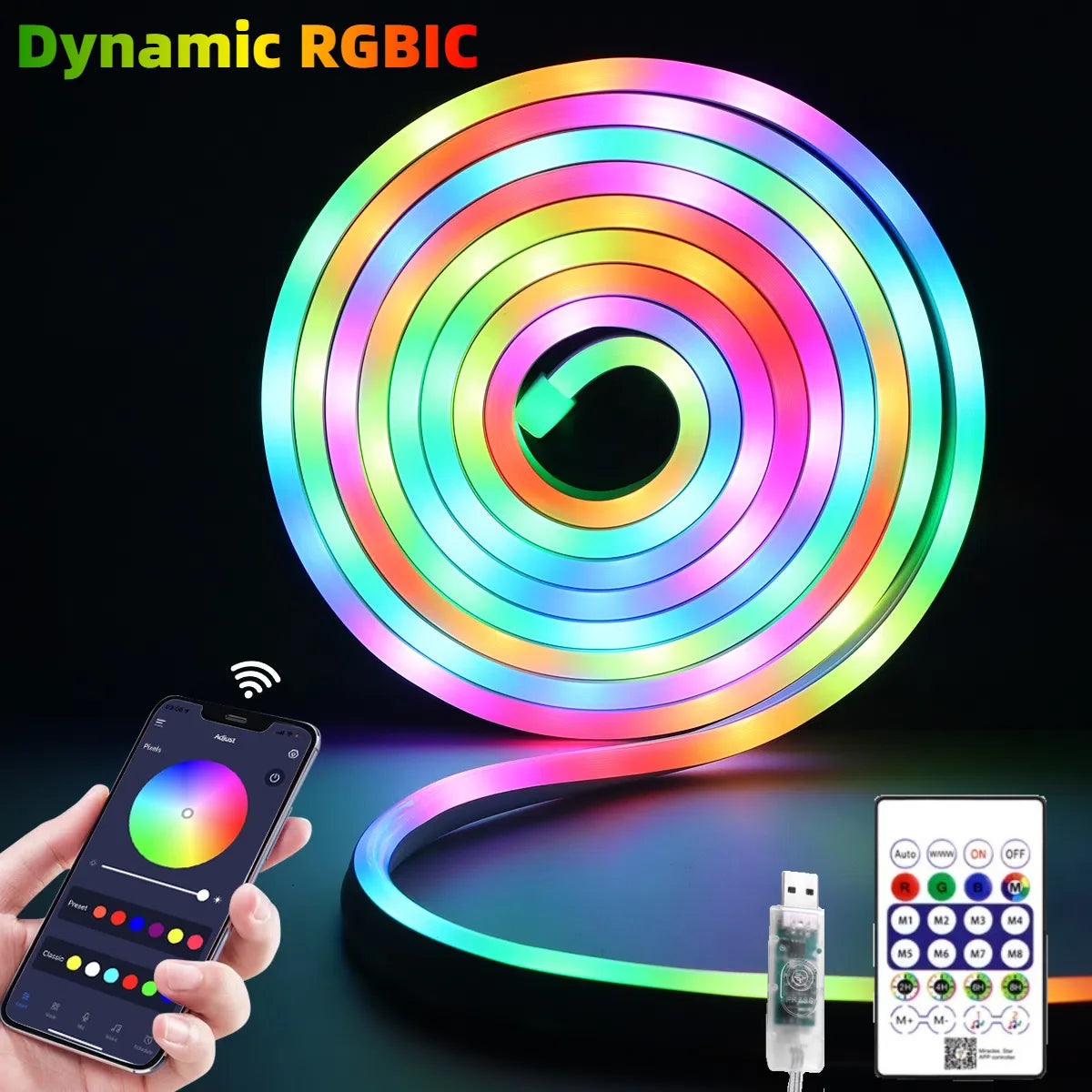 USB 5V WS2812 RGBIC Neon LED Strip - Bluetooth App Control - Dreamcolor Music Sync for Party Lighting