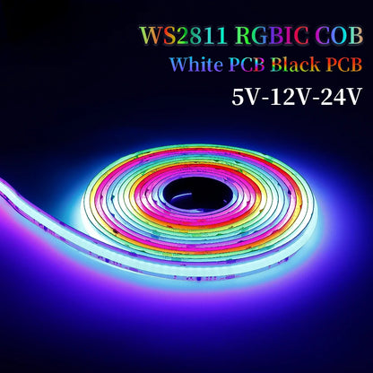 Smart SPI RGBIC LED COB Strip - WS2811 Addressable - 5V/12V/24V Programmable - White/Black PCB