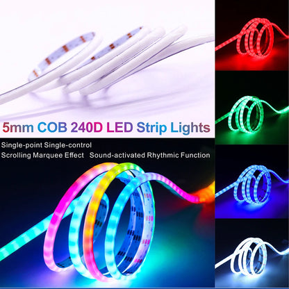 WS2812B COB LED Strip - 3mm/5mm Individually Addressable - 240LEDs/m High Density - DC5V/12V RGB Pixel Strip