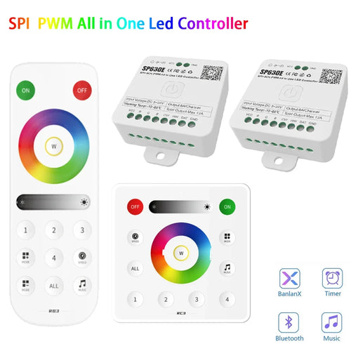 SP630E Bluetooth LED Controller - DC5V-24V WS2811 SPI RGB RGBW PWM Controller with 2.4G 4-Zone Touch Remote