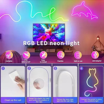 RGBIC Neon LED Strip Light - 24V Bluetooth Smart Control - Waterproof IP65 Outdoor Rope Light