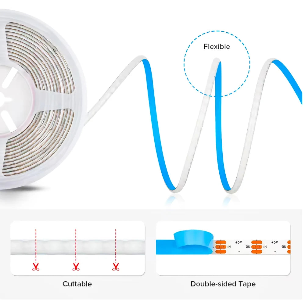 WS2812B COB LED Strip - 3mm/5mm Individually Addressable - 240LEDs/m High Density - DC5V/12V RGB Pixel Strip