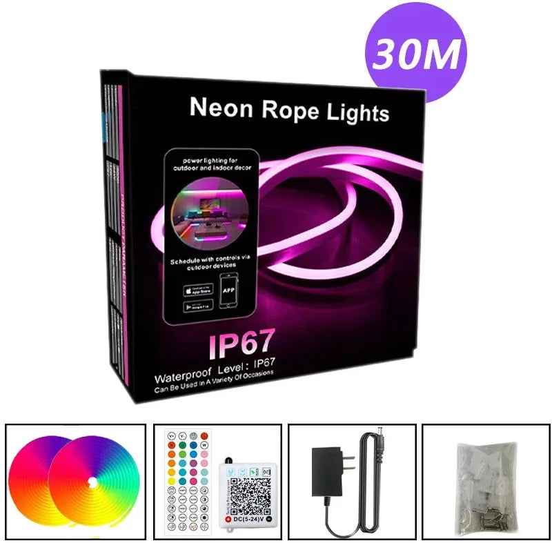 10M-30M LED RGB Neon Strip - DC 24V Smart Bluetooth - Waterproof IP65 - Music Sync for Pool & Outdoor