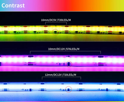 Smart SPI RGBIC LED COB Strip - WS2811 Addressable - 5V/12V/24V Programmable - White/Black PCB