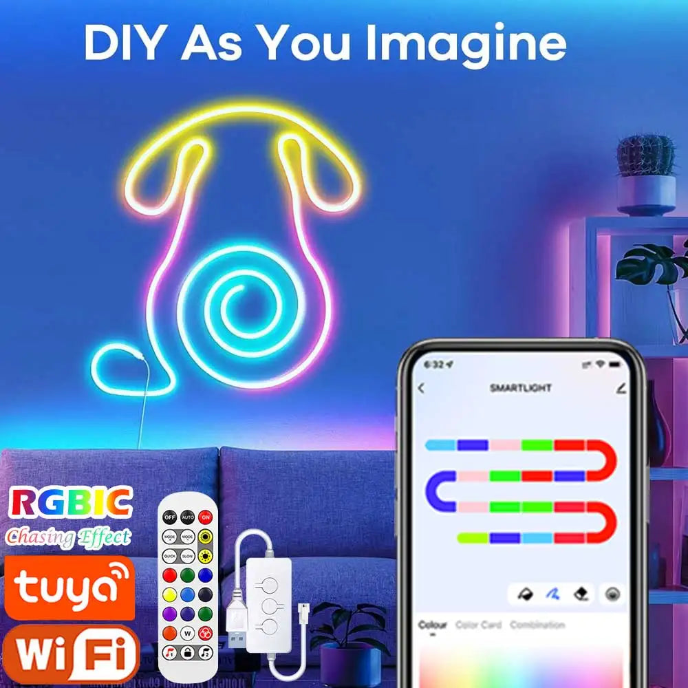 TUYA Smart Neon LED Strip - 5V 72LEDs/M - RGBIC Dreamcolor Music Sync - Silicone Rope Light for Room Decor