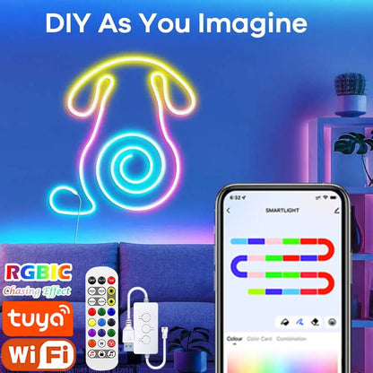 TUYA Smart Neon LED Strip - 5V 72LEDs/M - RGBIC Dreamcolor Music Sync - Silicone Rope Light for Room Decor