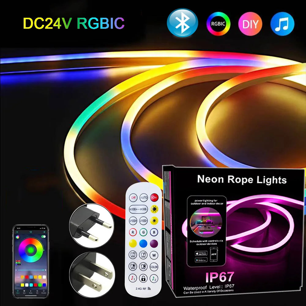 RGBIC Neon LED Strip Light - 24V Bluetooth Smart Control - Waterproof IP65 Outdoor Rope Light