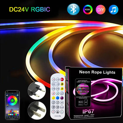 RGBIC Neon LED Strip Light - 24V Bluetooth Smart Control - Waterproof IP65 Outdoor Rope Light