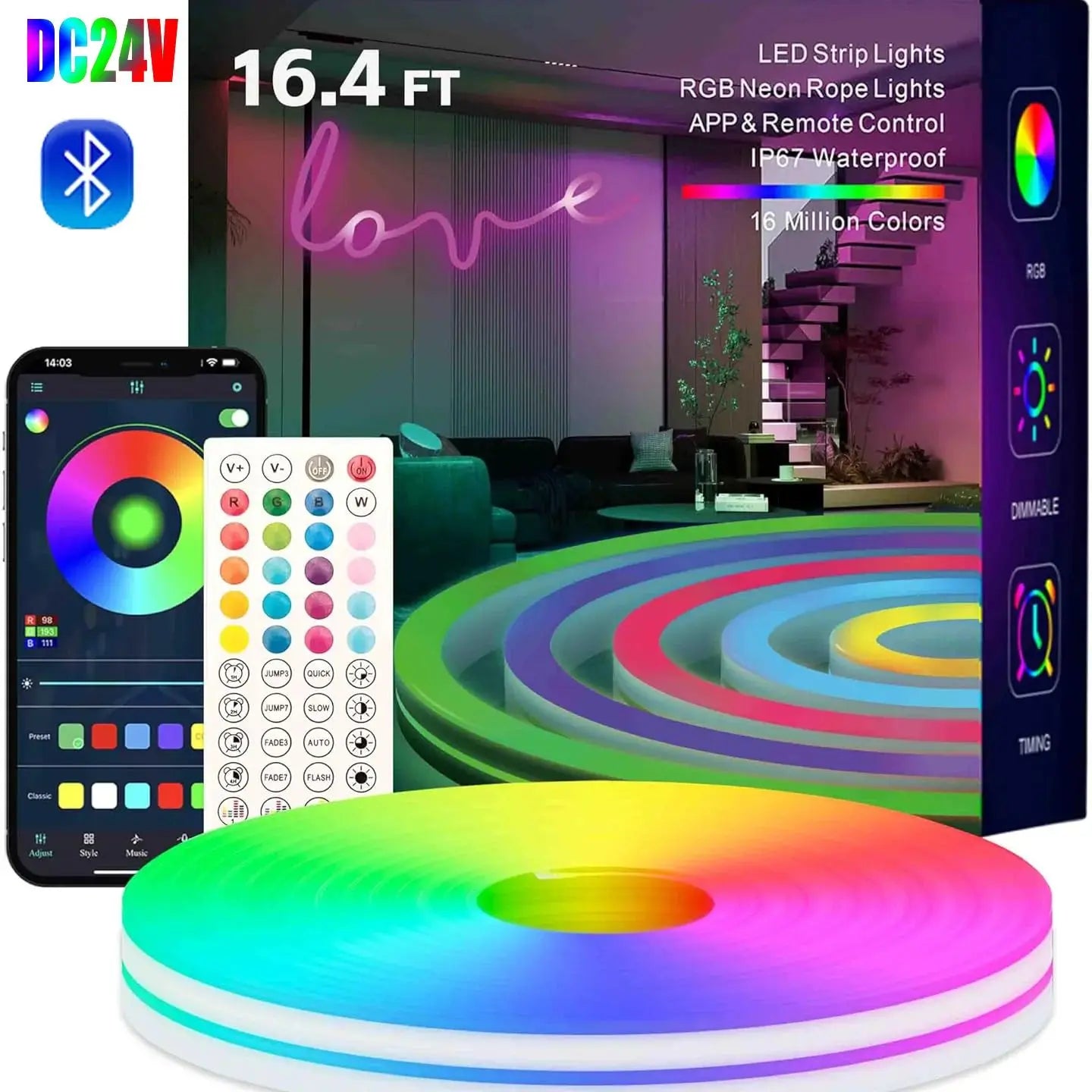 10M-30M LED RGB Neon Strip - DC 24V Smart Bluetooth - Waterproof IP65 - Music Sync for Pool & Outdoor