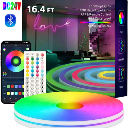 10M-30M LED RGB Neon Strip - DC 24V Smart Bluetooth - Waterproof IP65 - Music Sync for Pool & Outdoor