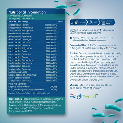 WeightWorld Bio Cultures Complex Probiotics and Prebiotics - 77 Billion CFU - 20 Live Bacterial Cultures - 60 Probiotic Complex Capsules for Women & Men - Lactobacillus Acidophilus, Gasseri, Rhamnosus & Reuteri